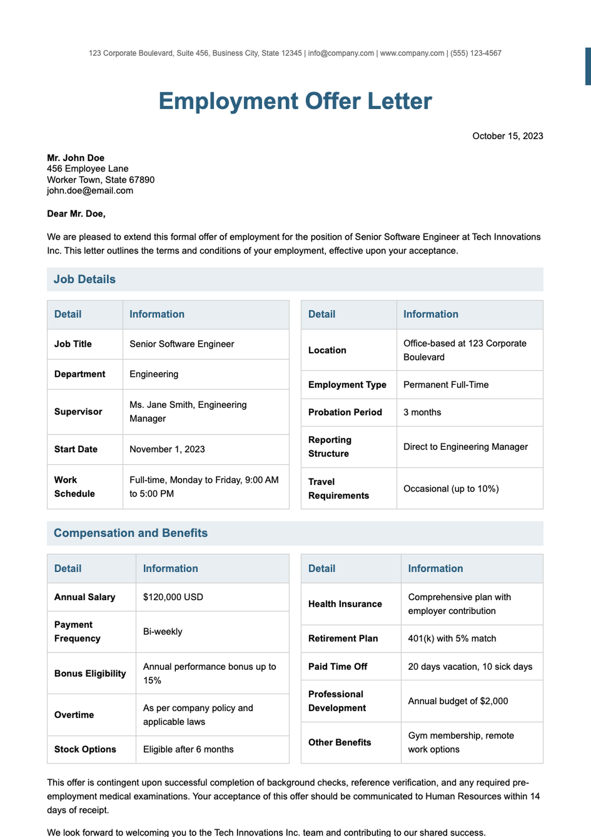 Australia job offer letter with compensation details and table format_variant_2